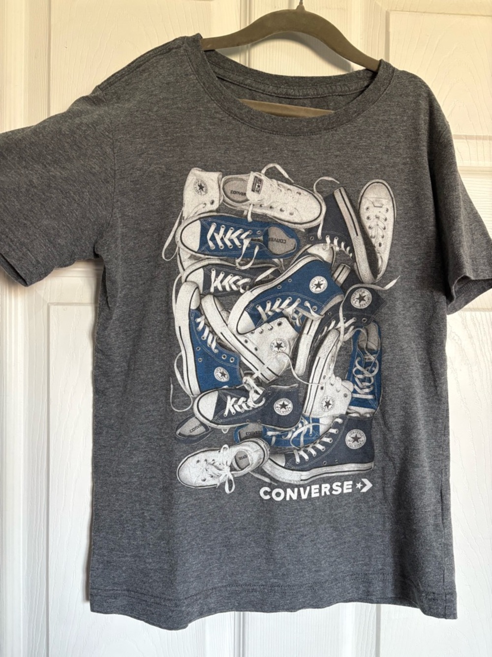 Converse Kids Gray Tee with Blue and White Sneaker Pile Graphic